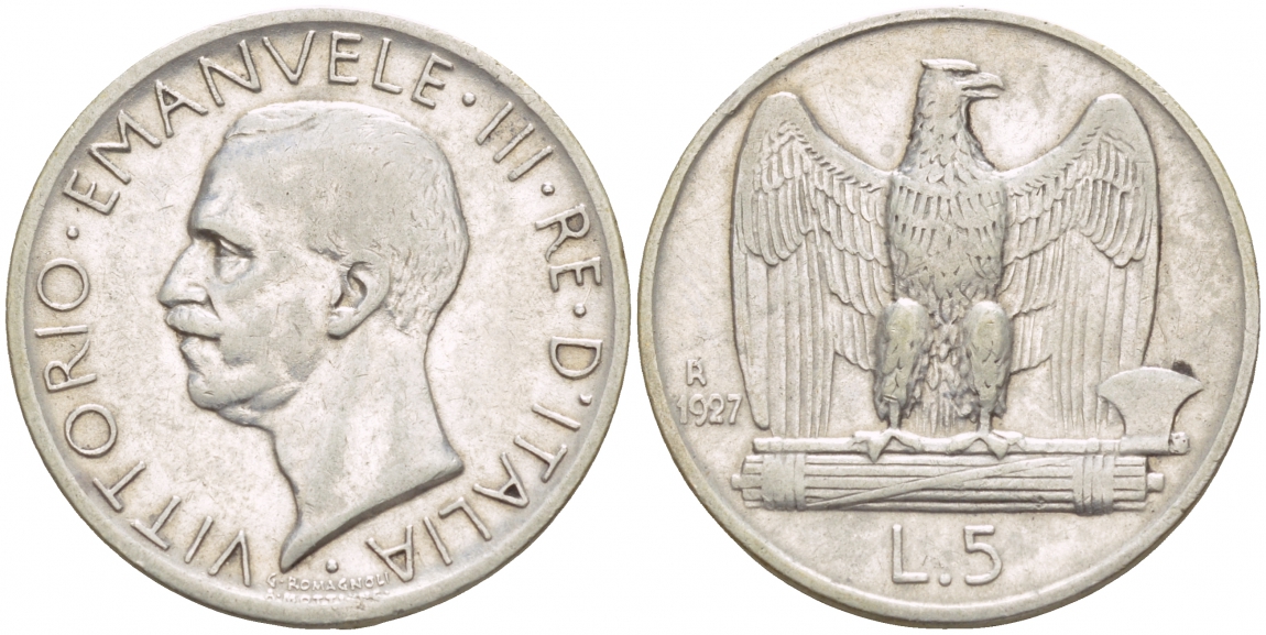 Италия 5 лир 1927 R, Виктор Эммануил III (1900-1946) KM 67.1 серебро 4548-831