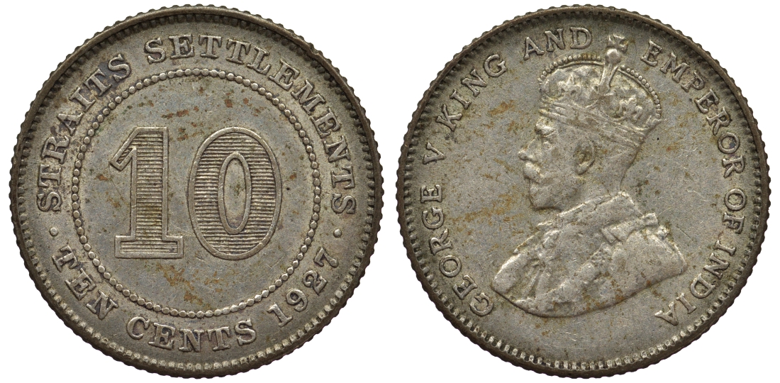 Стрейтс-Сетлментс 10 центов 1927 Георг V (1910-1936) КМ 29b серебро 53-625