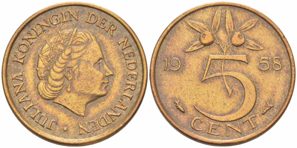 НИДЕРЛАНДЫ 5 ЦЕНТОВ 1958 ЮЛИАНА KM 181 бронза 3718-352