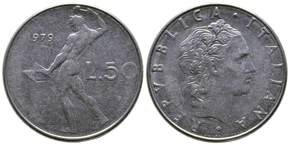 Италия 50 лир 1979 R, бог огня Вулкан у наковальни KM 95.1 нержавеющая сталь    4606-137