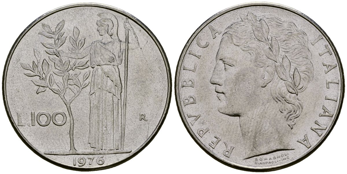 Италия 100 лир 1976 KM 96.1 нержавеющая сталь 4168-1042