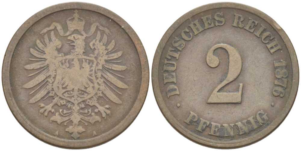 ГЕРМАНИЯ 2 ПФЕННИГА 1876 A, СТАРОГЕРБОВКА KM 2, J. 2, Weege 3 медь 212-647