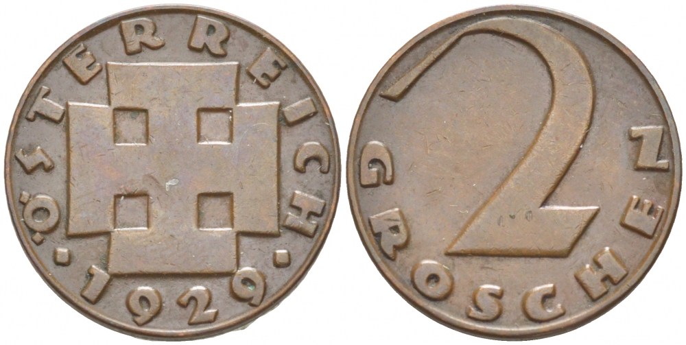 АВСТРИЯ 2 ГРОША 1929 ДОВОЕННАЯ ДЕСЯТИЧНАЯ ЧЕКАНКА KM 2837 бронза 3309-943