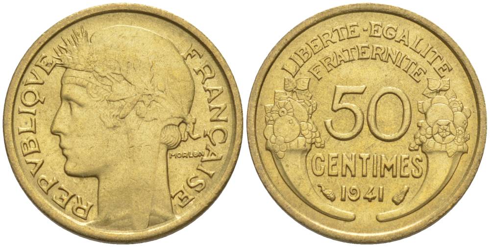 ФРАНЦИЯ 50 САНТИМОВ 1941 ТИП MORLON KM 894.1, LE FRANC 192.18 алюминиевая бронза 44-646