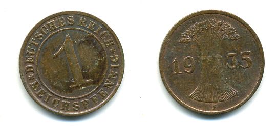 ГЕРМАНИЯ 1 РЕЙХСПФЕННИГ 1935 F J 313, KM 37 бронза 46-1126