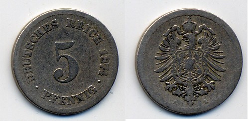 ГЕРМАНИЯ 5 ПФЕННИГОВ 1874 A, СТАРОГЕРБОВКА KM 3, J. 3 медно-никель 35-311