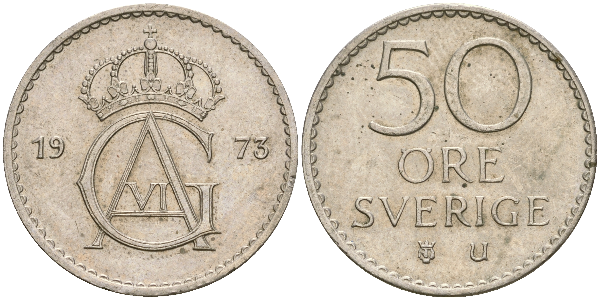 Швеция 50 эре 1973 U, Густав VI Адольф (1950-1973) KM 837 медно-никель 4364-3645