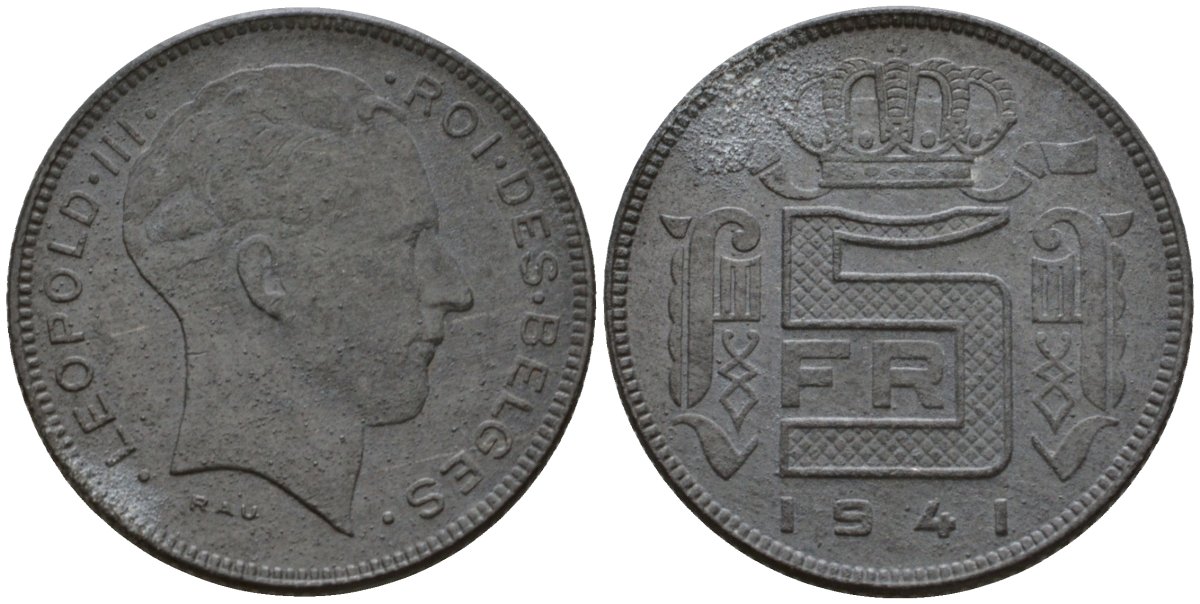Бельгия 5 франков 1941 DES BELGES KM 129.1 цинк 4556-712