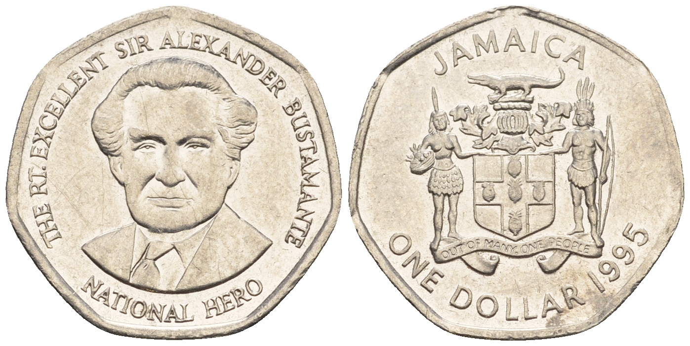 Ямайка 1 доллар 1995 Александр Бустаманте KM 164 никелированная сталь 4609-349