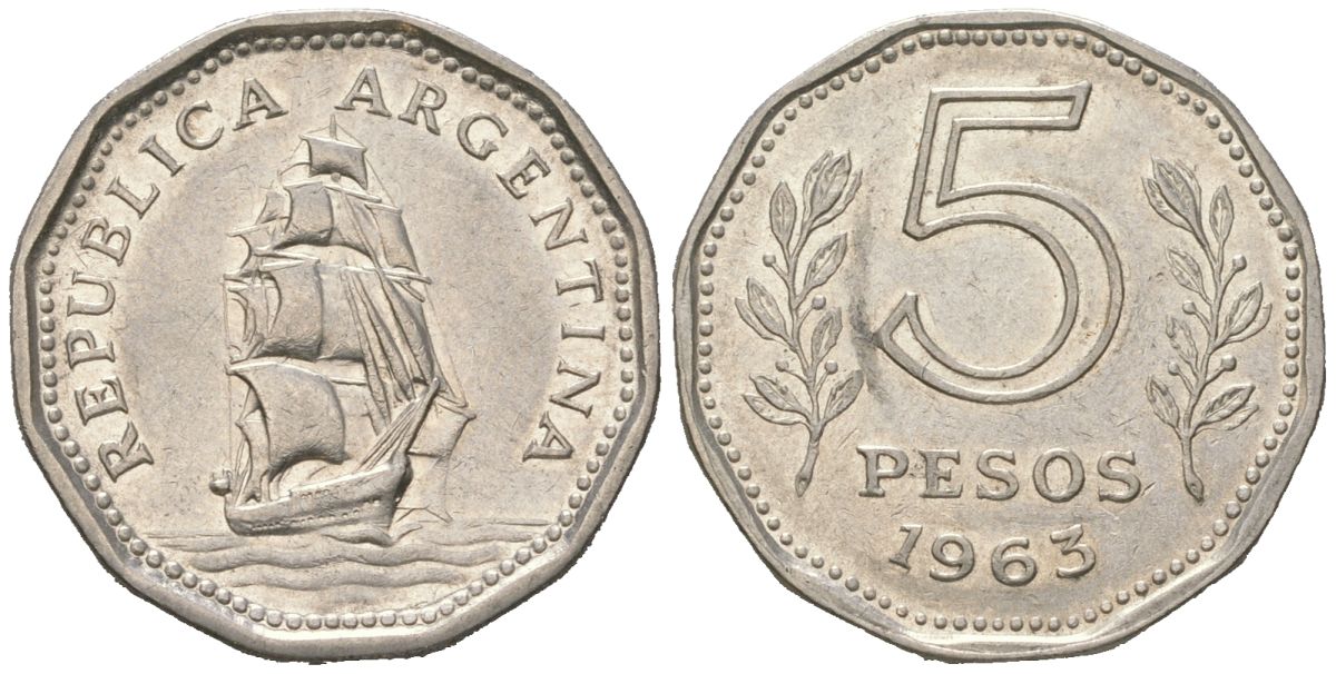 Аргентина 5 песо 1963 KM 59 сталь плакированная никелем 4596-1227