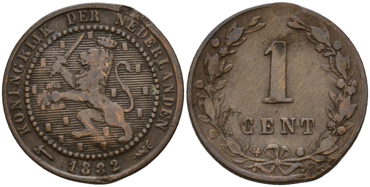 Нидерланды 1 цент 1882 Вильгельмина I (1890-1948) KM 107 бронза 4152-649