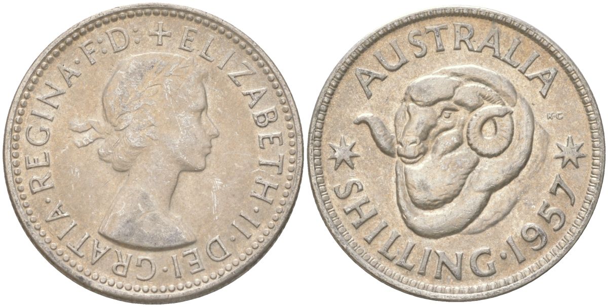 Австралия 1 шиллинг 1957 M, Елизавета II (1952-2022), овца меринос KM 59 серебро 4622-215
