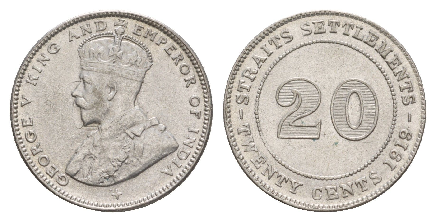 Стрейтс-Сетлментс (Стрейтс Сетлментс) 20 центов 1919 B, Георг V (1910-1936), год-тип KM 30a серебро 1522-134