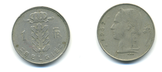 БЕЛЬГИЯ 1 ФРАНК 1957 BELGIE KM 143.1 медно-никель 3999-842