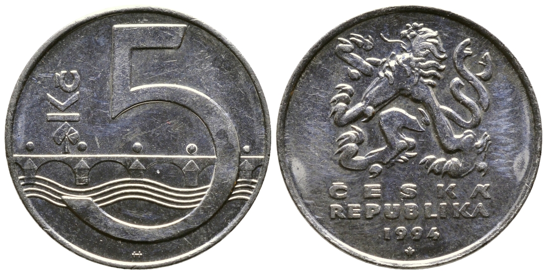 Чехия 5 крон 1994 чешский лев, Карлов мост KM 8 сталь плакированная никелем 4364-4444
