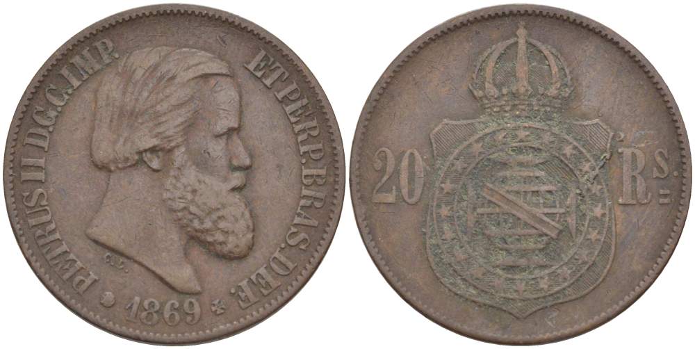 Бразилия 20 рейсов 1869 Педро II (1831-1889) KM 474 бронза 4529-447