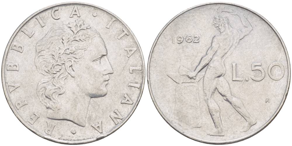 ИТАЛИЯ 50 ЛИР 1962 R, БОГ ОГНЯ ВУЛКАН У НАКОВАЛЬНИ KM 95.1 нержавеющая сталь 4551-342