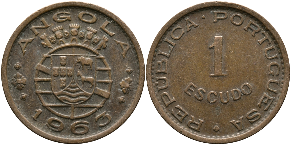 Португальская Ангола 1 эскудо 1963 KM 76 бронза 33-914