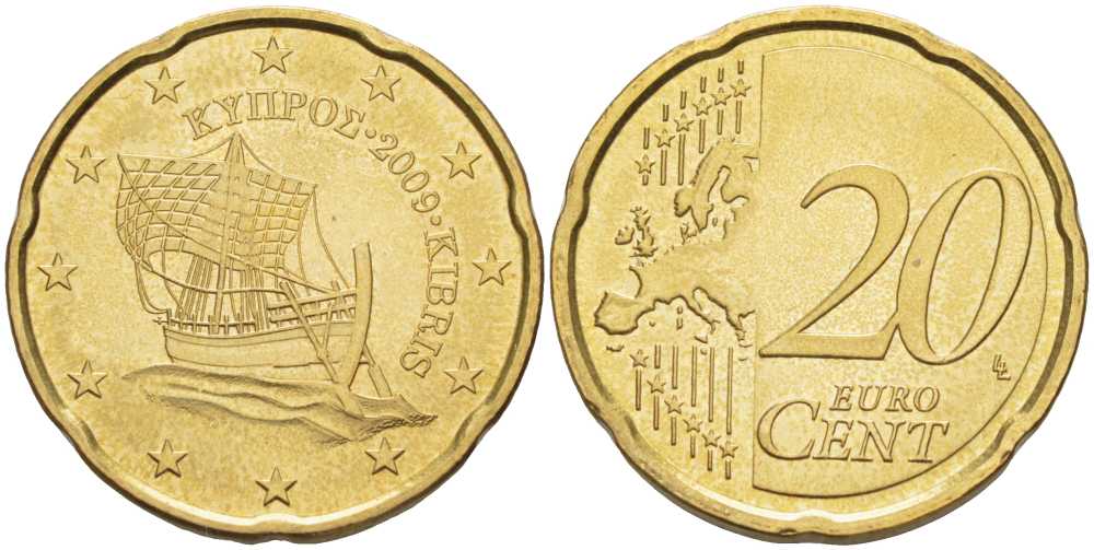 КИПР 20 ЕВРОЦЕНТОВ 2009 ПАРУСНИК KM 82 латунь UNC 28-513