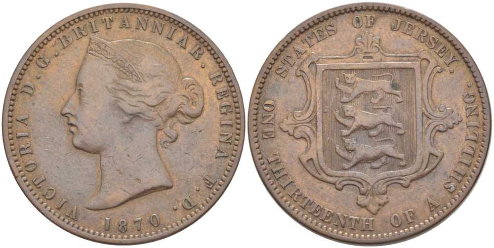Джерси 1/13 шиллинга 1870 Виктория (1837-1901) KM 5 бронза 3996-421