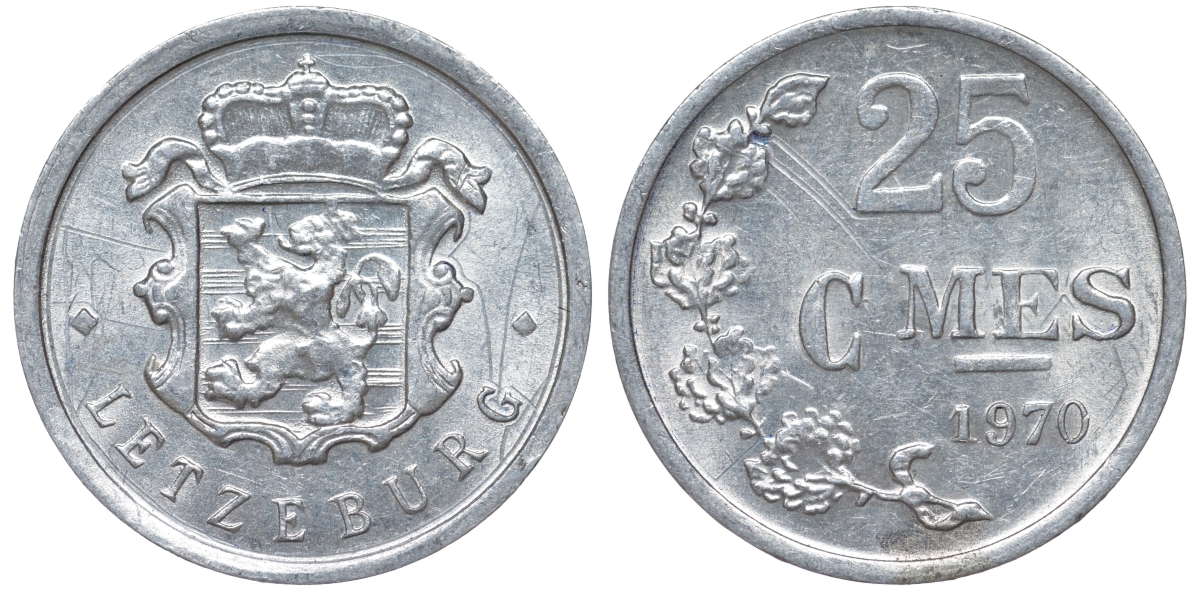Люксембург 25 сантимов 1970 Герцог Жан (1964-1999) KM 45a.1 алюминий 4532-847