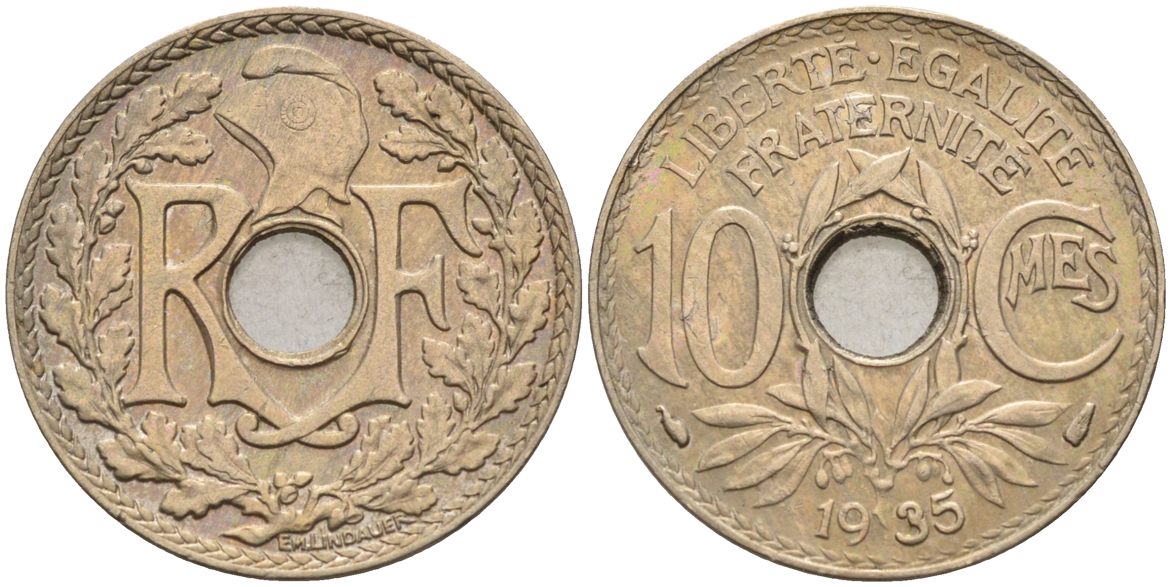 Франция 10 сантимов 1935 тип Линдайё KM 866а медно-никель 4116-511