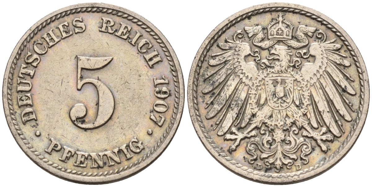 Германия 5 пфеннигов 1907 A KM 11, J. 12 медно-никель 4151-458