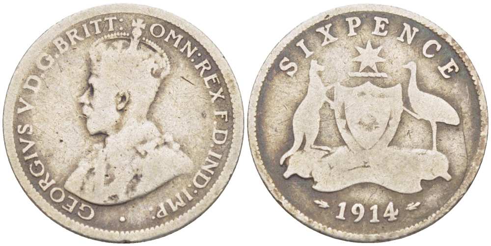 Австралия 6 пенсов 1914 L, Георг V (1910-1936), герб Австралии KM 25 серебро 3955-1264