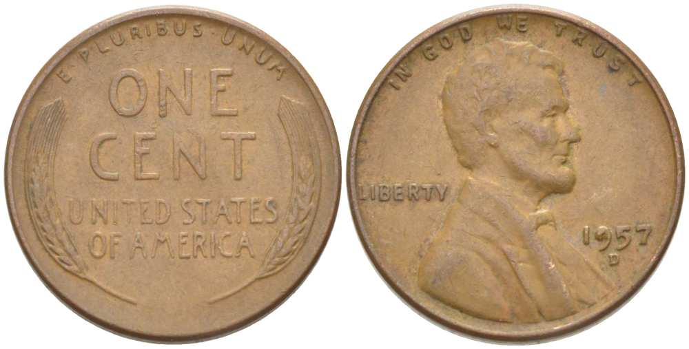 США 1 ЦЕНТ 1957 D, ЛИНКОЛЬН KM А132 медь цинк 218-721