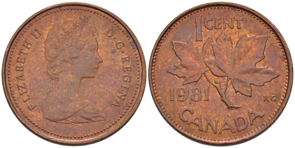 Канада 1 цент 1981 Елизавета II (1952-2022), кленовый лист KM 127 бронза 176-635
