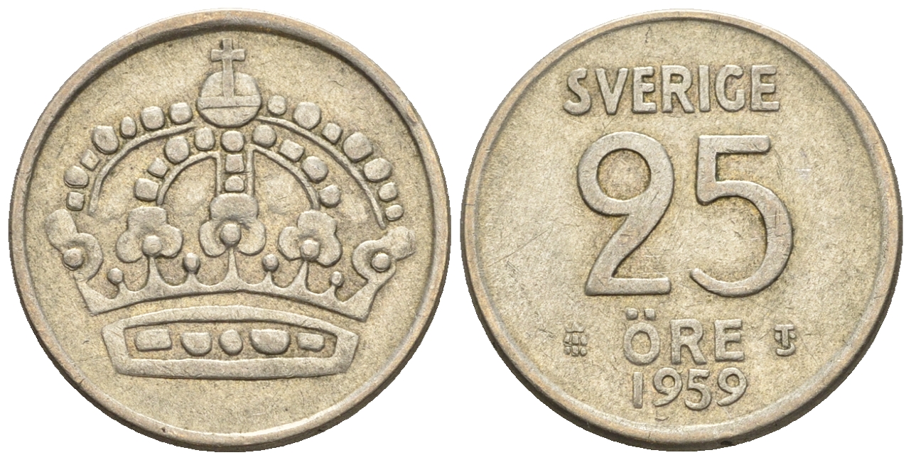 Швеция 25 эре 1959 TS, Густав VI Адольф (1950-1973) KM 824 серебро 4609-969