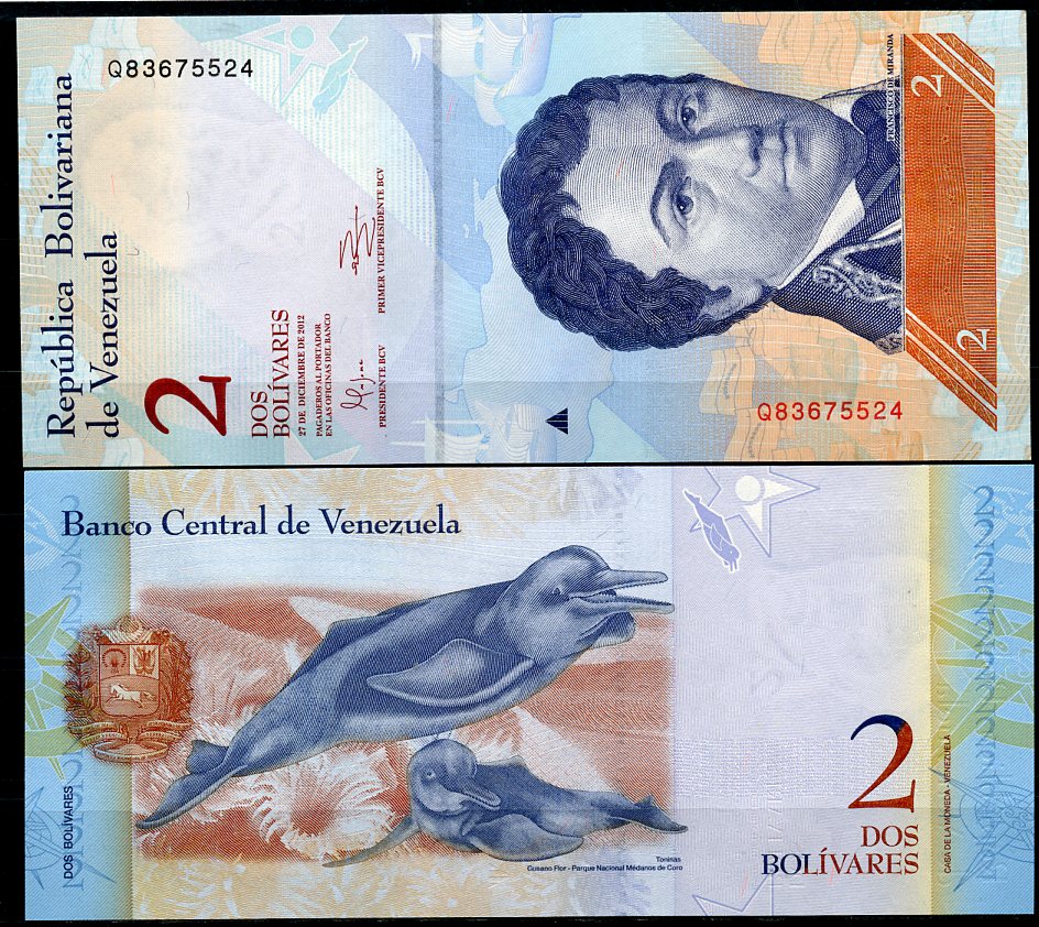 Венесуэла 2 боливара 2012 27 декабря 2012, Франсиско де Миранда, речной дельфин Pick 88 e  бумага  UNC (пресс) 449-94-3