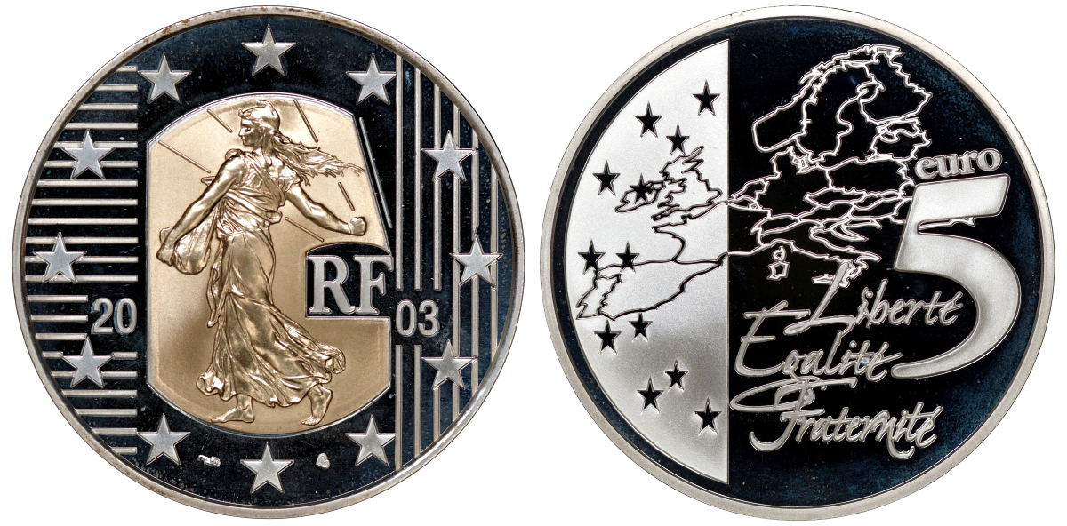 Франция 5 евро 2003 сеятель, золотая вставка, тираж 2504 экз.  биметалл  PROOF  00-806-37