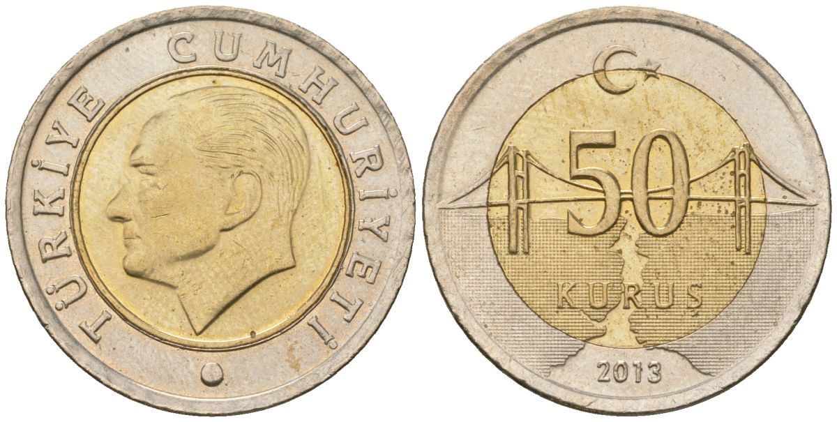 Турция 50 курушей 2013 KM 1243 биметалл 4610-1136