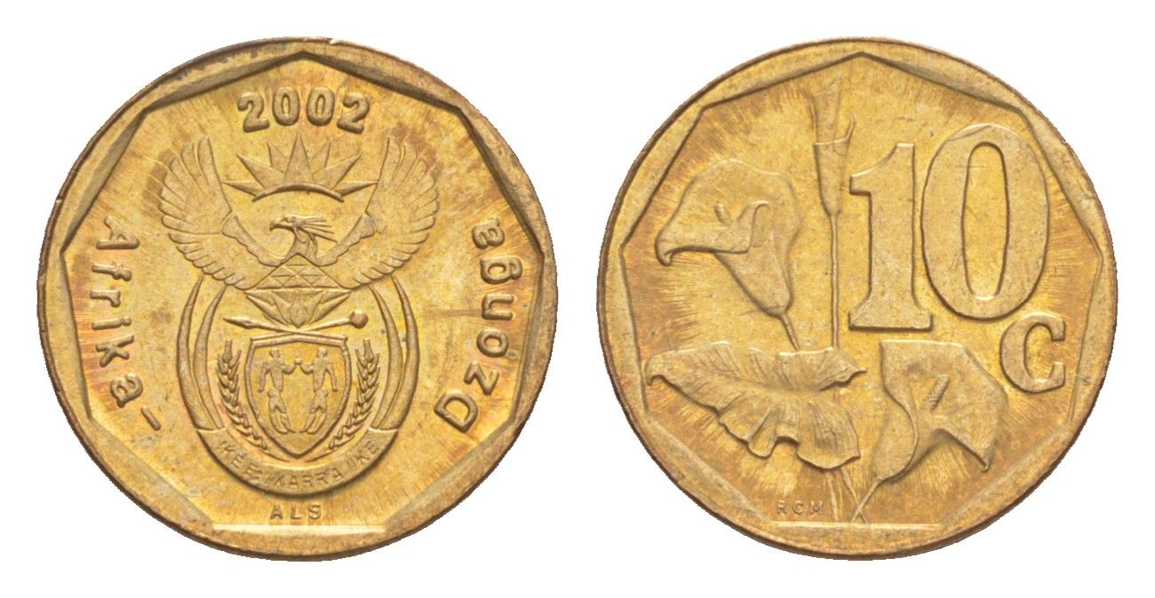 ЮАР 10 центов 2002 герб, цветок алоэ KM 269 сталь плакированная бронзой 4621-1012