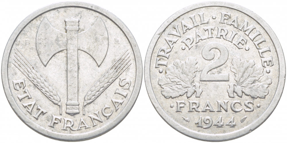 ФРАНЦИЯ 2 ФРАНКА 1944 В, ПРАВИТЕЛЬСТВО ВИШИ KM 904.2 алюминий 4402-941
