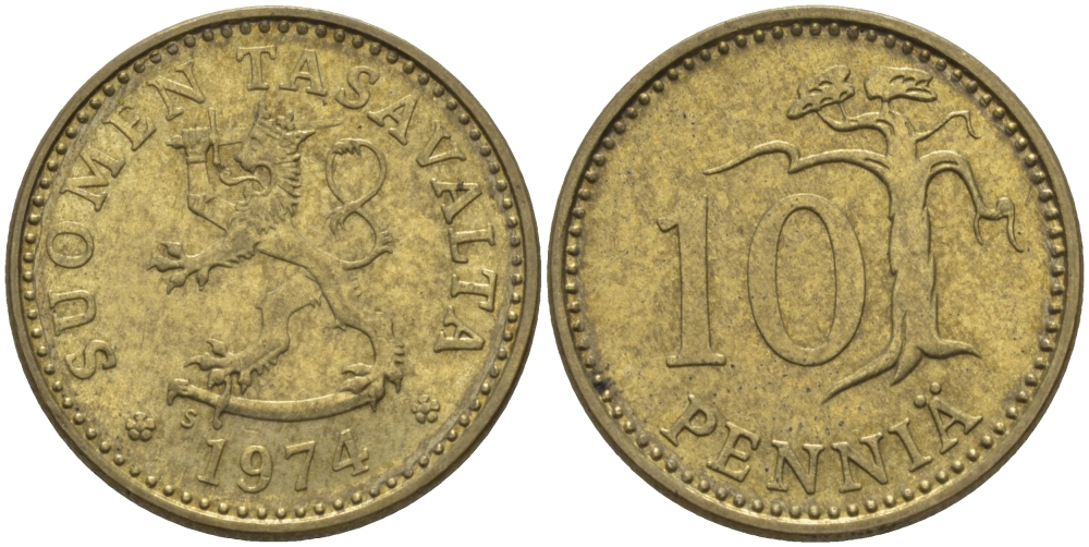 ФИНЛЯНДИЯ 10 ПЕННИ 1974 S KM 46 алюминиевая бронза 100-212