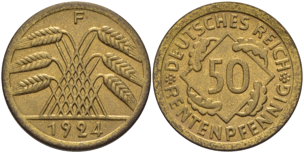 Германия 50 рентенпфеннигов 1924 F J. 310, KM 34 алюминиевая бронза UNC 1076-6-31