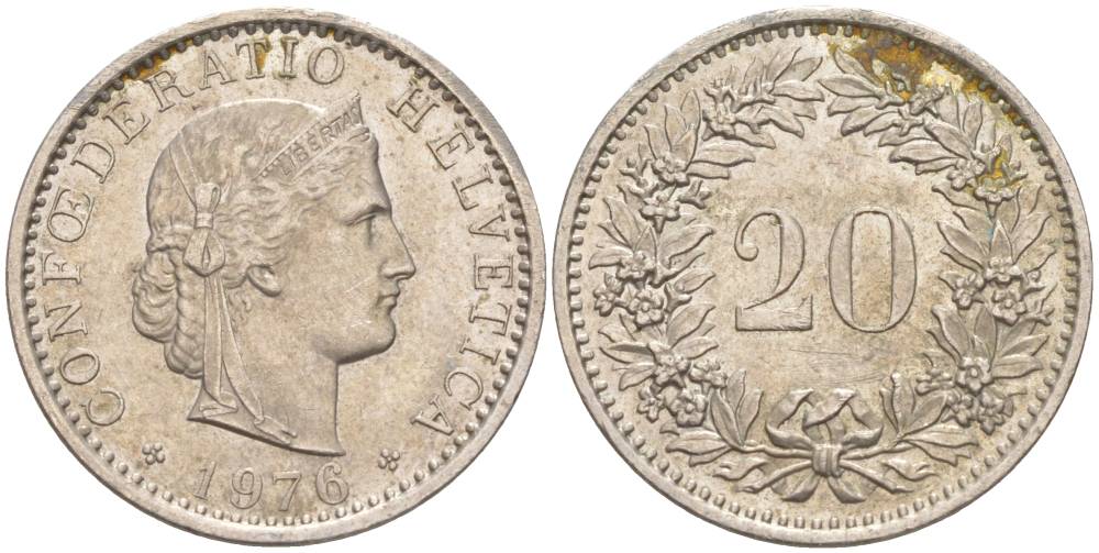 Швейцария 20 раппенов 1976 KM 29a медно-никель 55-947