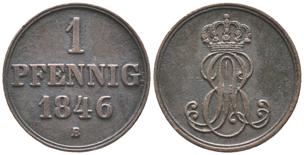 Ганновер 1 пфенниг 1846 B, Эрнст Август (1837-1851) KM 201.1, AKS 129, J. 74 медь 100-953
