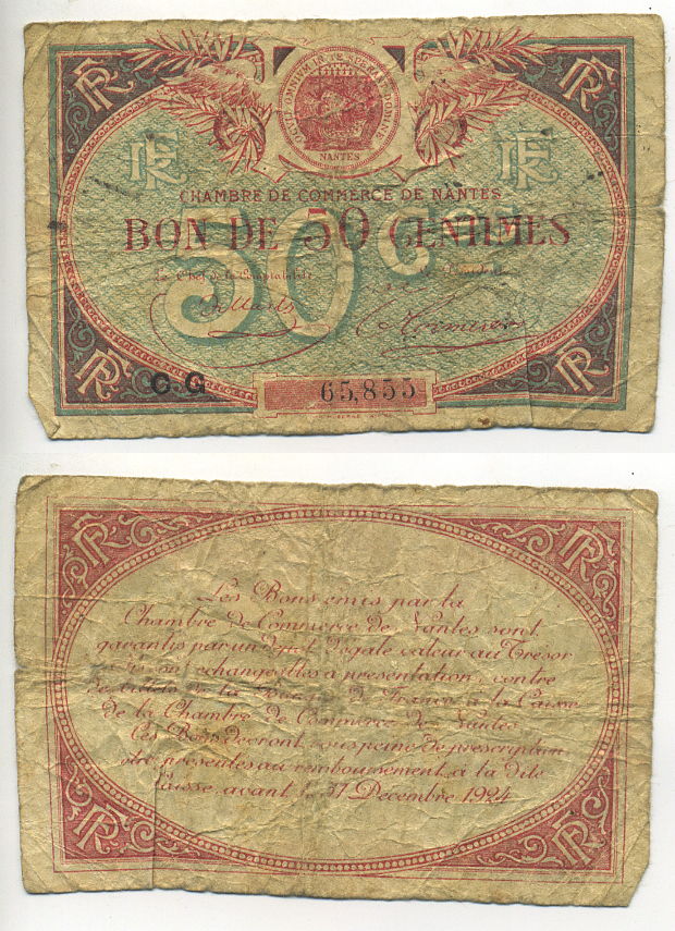 ФРАНЦИЯ 50 САНТИМОВ ND РЕГИОНАЛЬНЫЙ БОН, КОМЕРЧЕСКАЯ ПАЛАТА ГОРОДА НАНТА, ДЕЙСТВИТЕЛЕН ДО 24 ДЕКАБРЯ 1924 бумага 7552-31-3-1