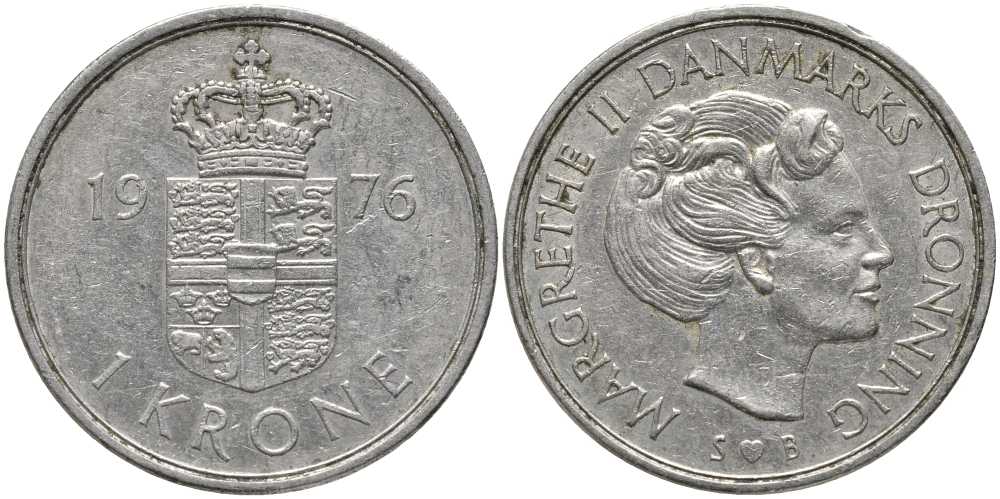 ДАНИЯ 1 КРОНА 1976 S;B, МАРГАРЕТЕ II (1972-) KM 862.1 медно-никель 113-912
