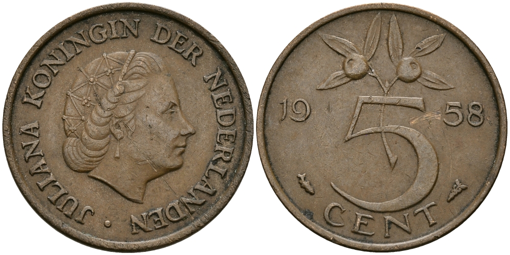 НИДЕРЛАНДЫ 5 ЦЕНТОВ 1958 ЮЛИАНА KM 181 бронза 95-337