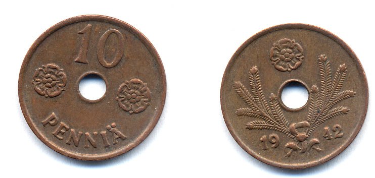 ФИНЛЯНДИЯ 10 ПЕННИ 1942 KM 33.1 медь 51-5013