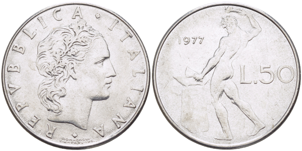 ИТАЛИЯ 50 ЛИР 1977 R, КУЗНЕЦ KM 95.1 нержавеющая сталь 89-714