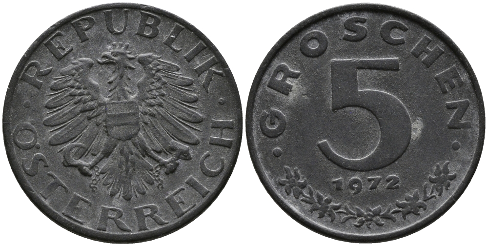 АВСТРИЯ 5 ГРОШЕЙ 1972 KM 275 цинк 96-1138