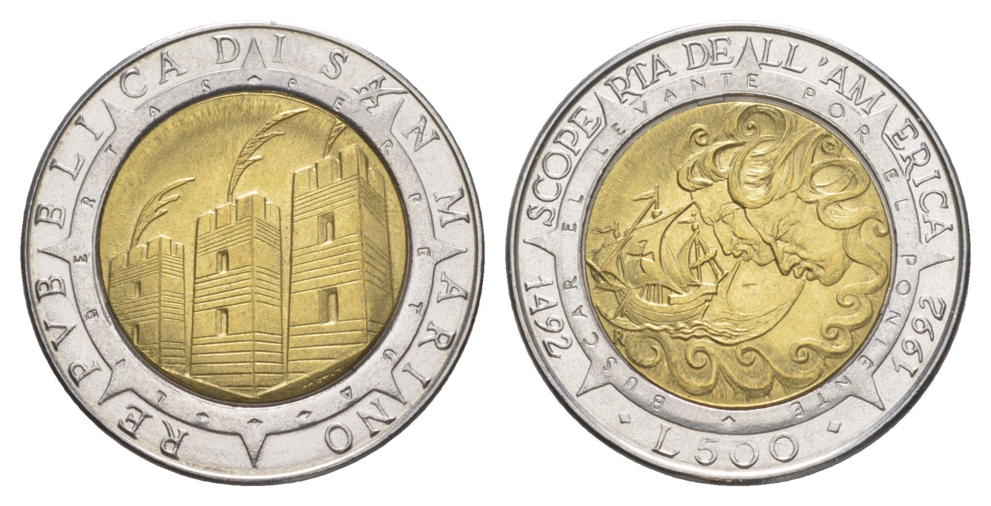 Сан-Марино 500 лир 1992 500 лет открытию Америки KM 286 биметалл UNC 4648-345