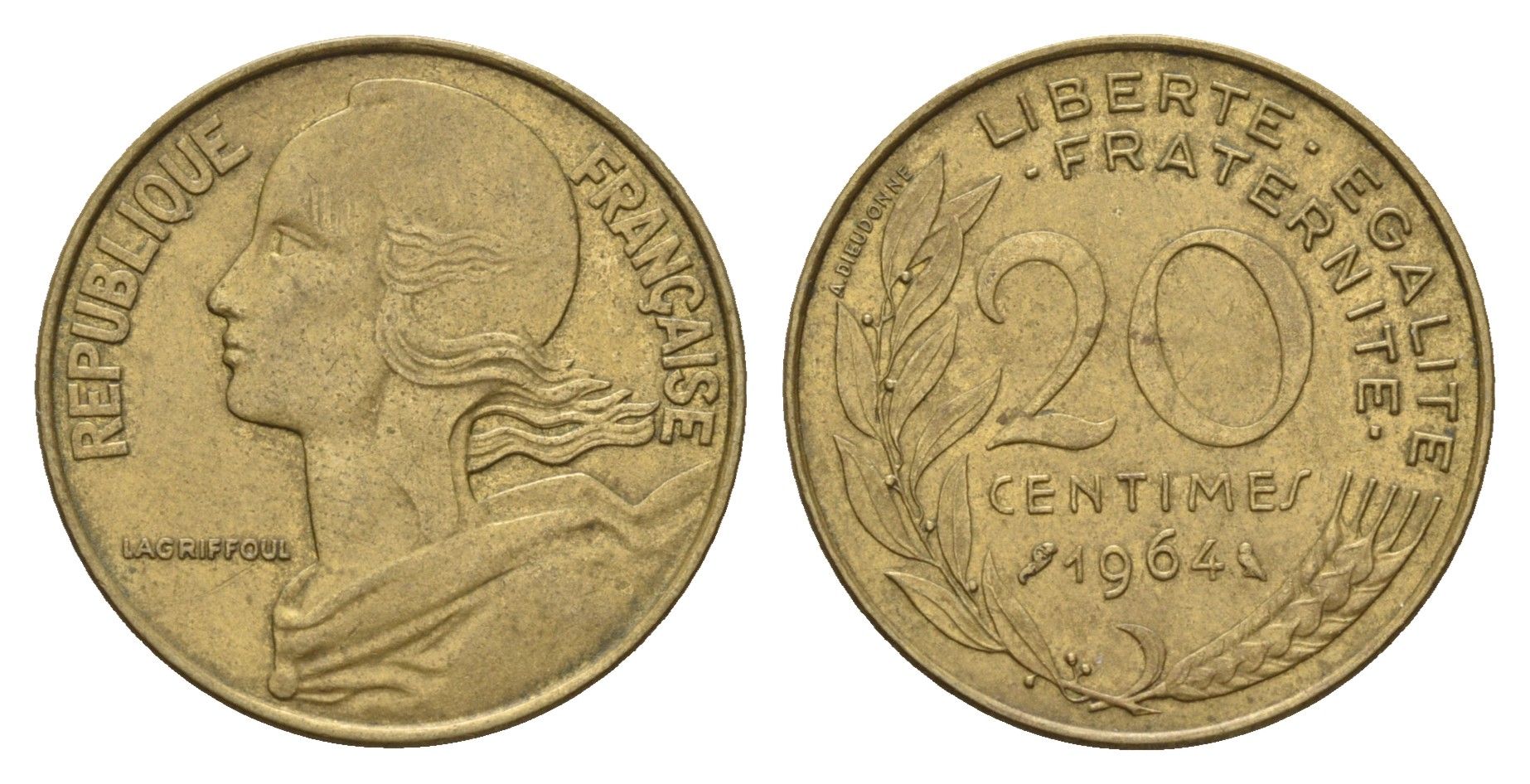 Франция 20 сантимов 1964 тип Marianne KM 930, Le Franc 156.4 алюминиевая бронза 3459-822