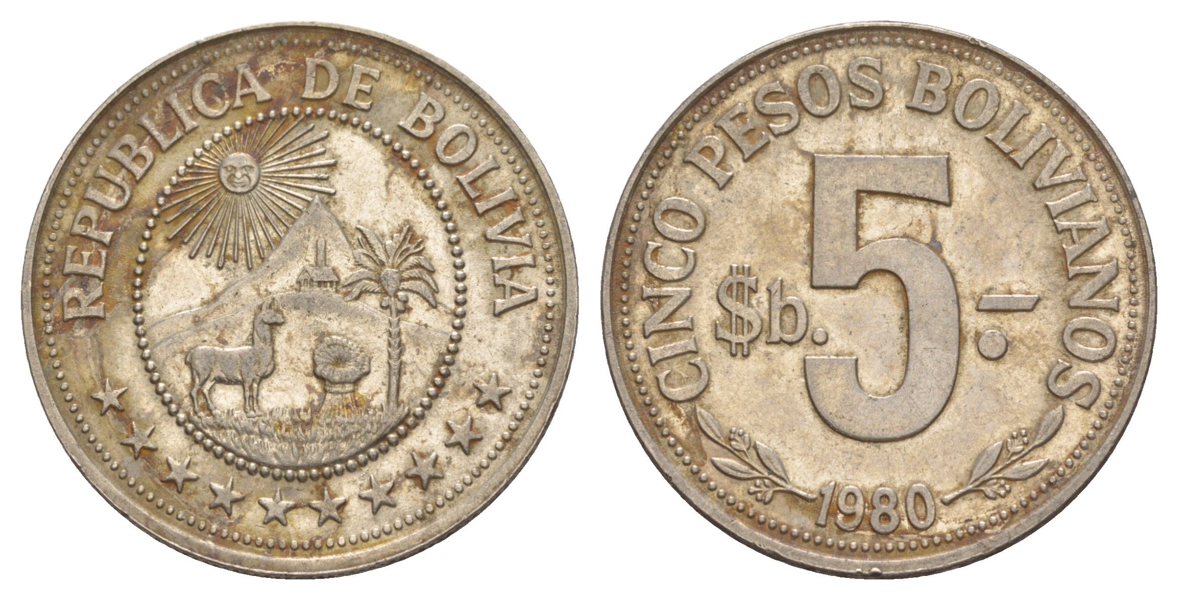 Боливия 5 песо 1980 KM 197 сталь плакированная никелем UNC 4645-744
