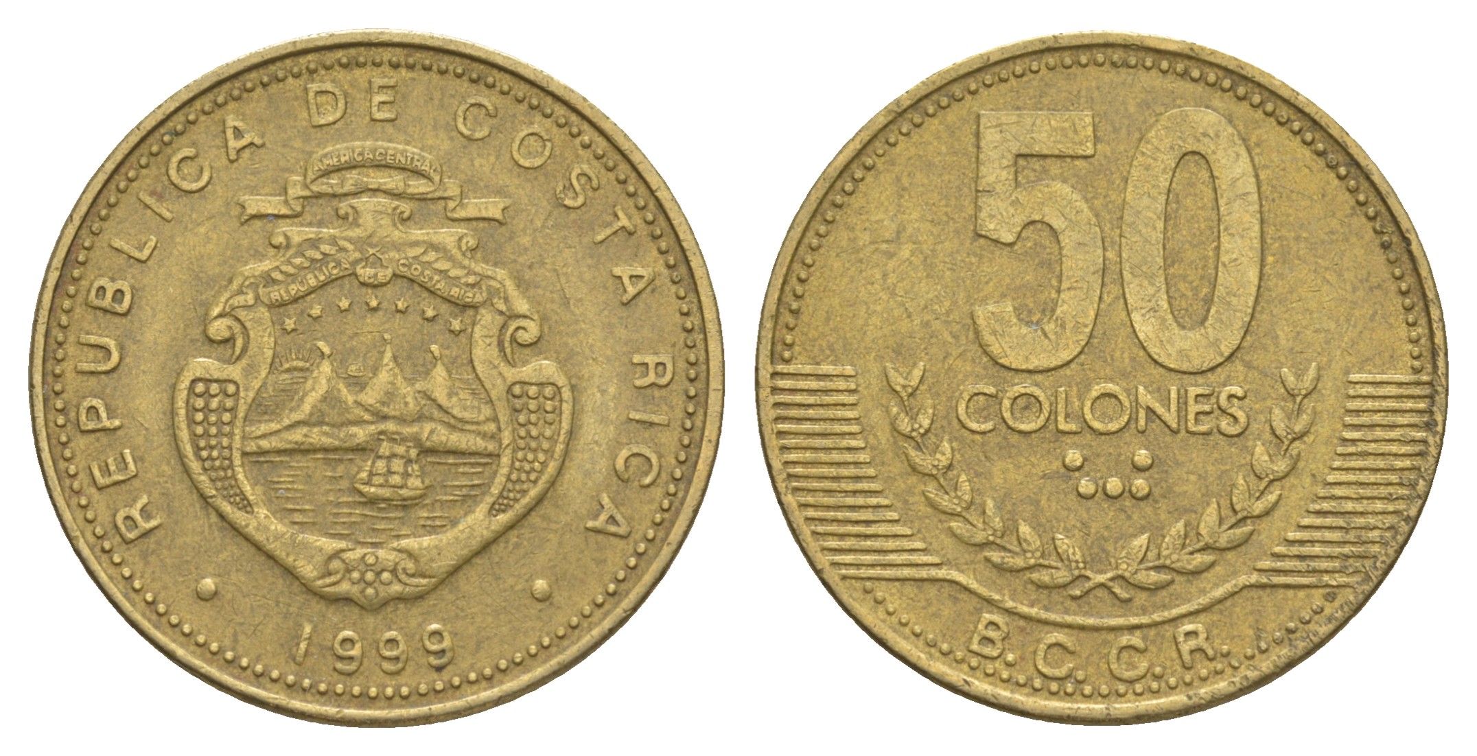 Коста-Рика 50 колонов 1999 KM 231.1 латунь 4631-156